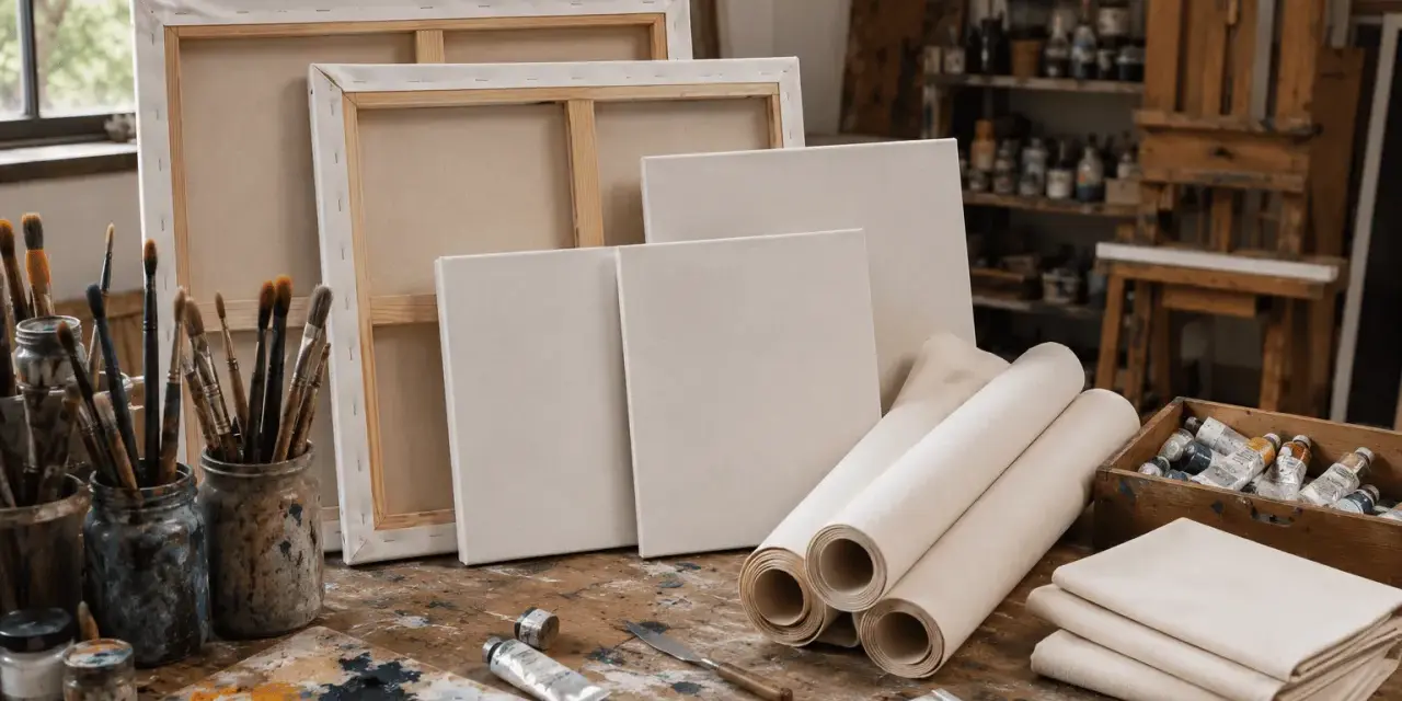 Un atelier d'artiste avec des toiles pour peindre, des pinceaux, des tubes de peinture et une palette.