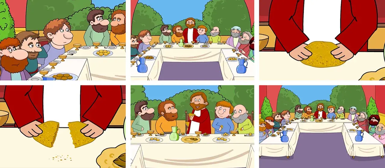 Darstellung des Abendmahls, das den Fronleichnam Ursprung erklärt. Jesus bricht das Brot mit seinen Jüngern.