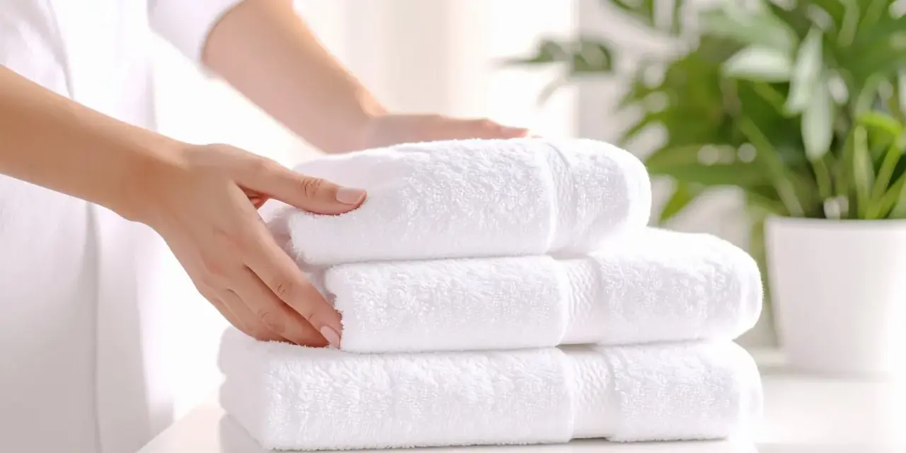 Manos arreglando toallas blancas y esponjosas. Aprende como quitar el olor a humedad de las toallas para que huelan siempre frescas.