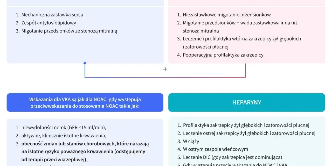 Porównanie leków przeciwzakrzepowych: VKA (acenokumarol, warfaryna) i NOAC (rywaroksaban, dabigatran, apiksaban). Wskazania i przeciwwskazania. Heparyny jako alternatywa, gdy eliquis zamiennik nie jest możliwy.