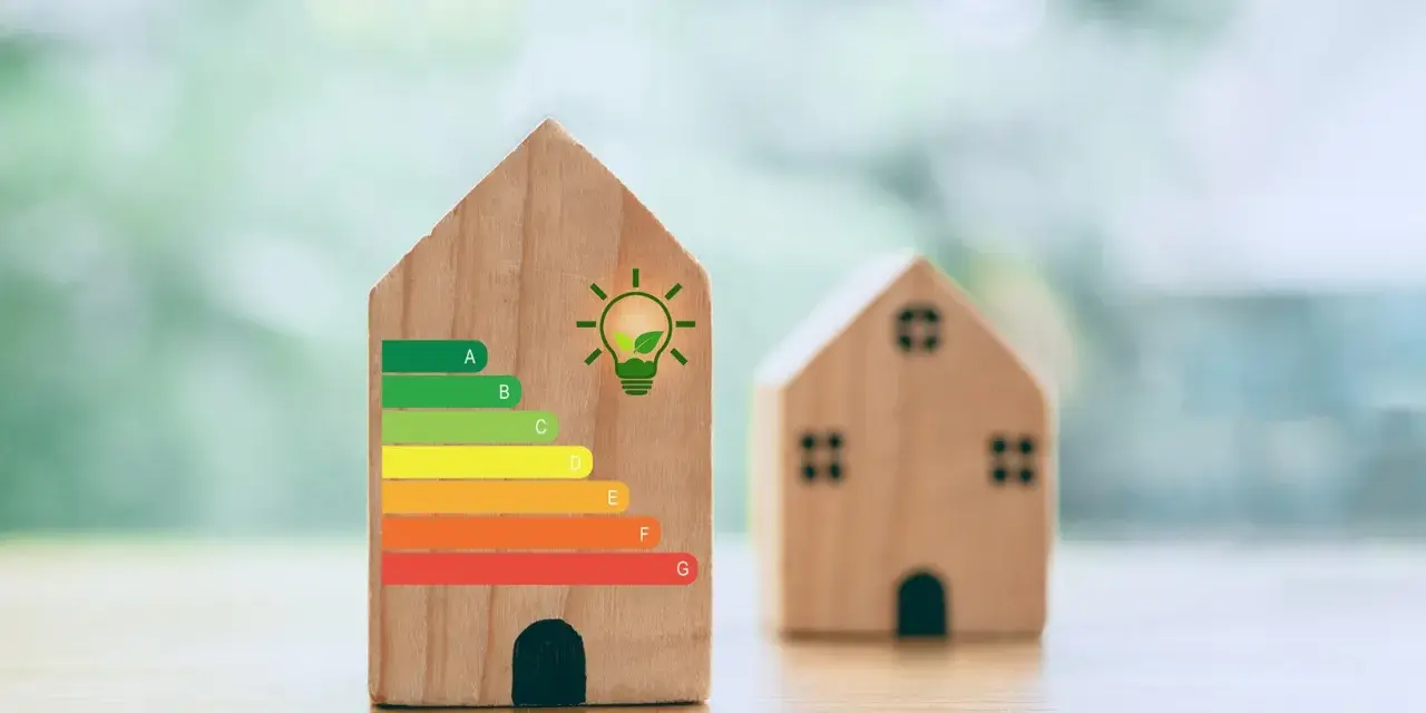 Drewniane domki z etykietą **klasa energetyczna** A-G i symbolem żarówki.