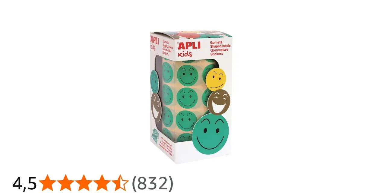 Caja de gomets de APPLI Kids con caritas sonrientes verdes, amarillas y marrones.