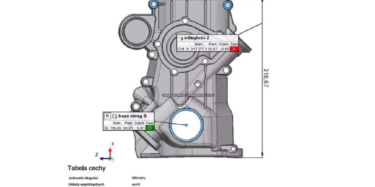 Skan 3D elementu mechanicznego z zaznaczonymi odchyleniami wymiarowymi i tabelą wyników.