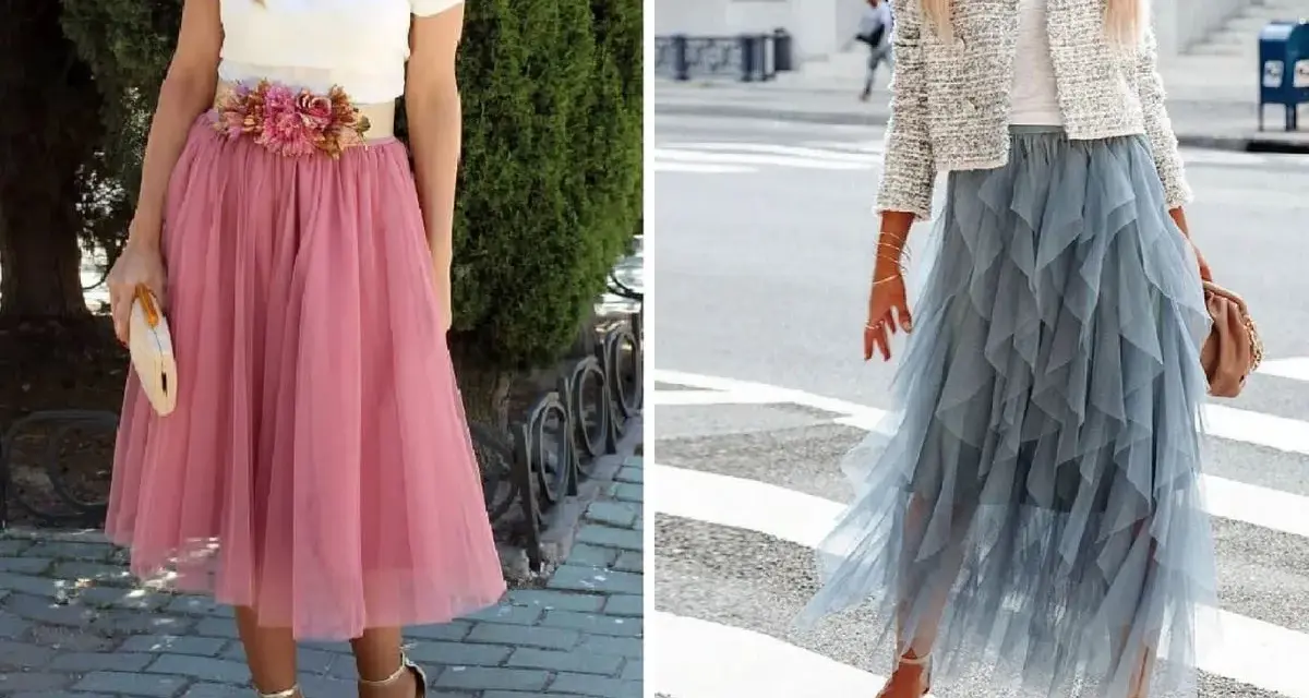 Dos looks para combinar falda midi de tul: una rosa con top blanco y flores, otra azul con chaqueta tweed.