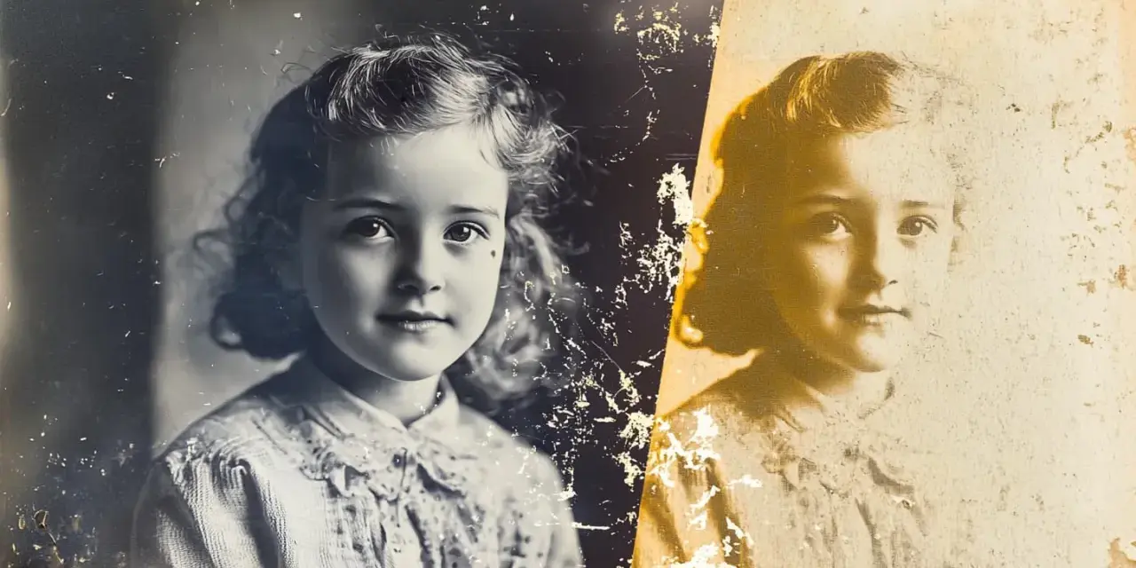 Un portrait d'enfant, divisé en deux. À gauche, une version plus nette, à droite, une version sépia à restaurer photo.