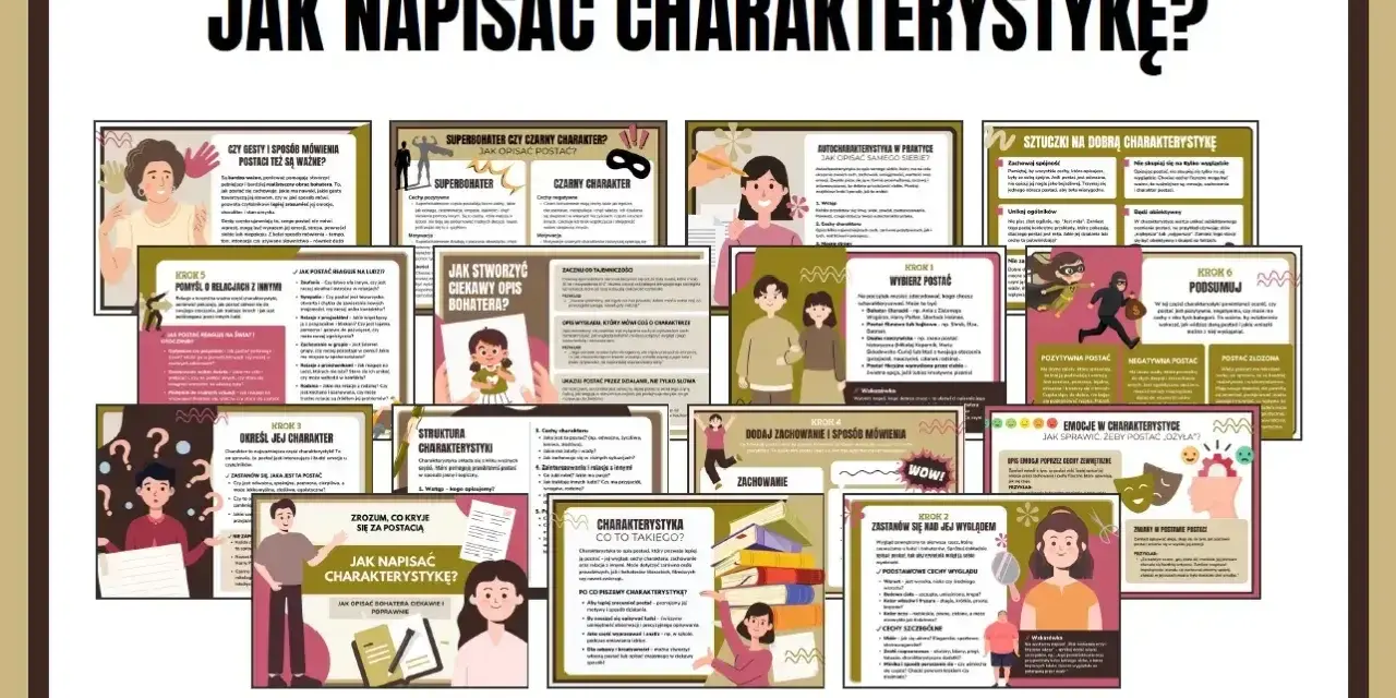 Zestaw 15 kart PDF z poradami, jak napisać charakterystykę postaci. Zawiera przykłady, jak opisać wygląd, cechy charakteru, relacje i zachowanie.