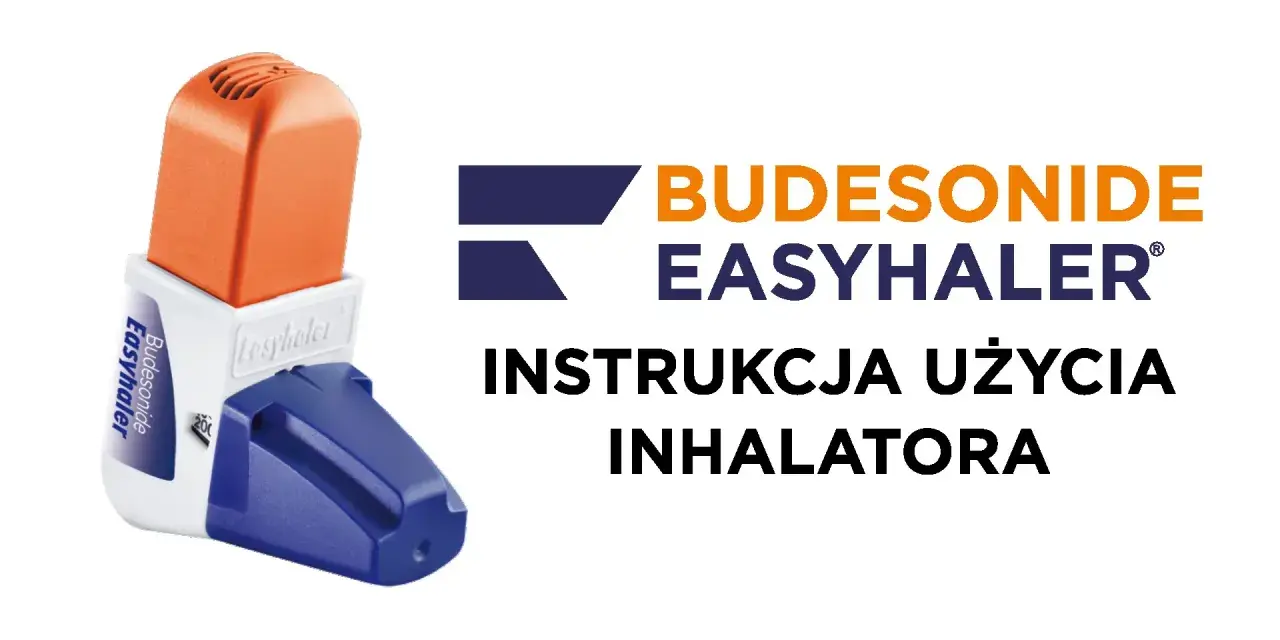 Pomarańczowo-biały inhalator budesonide easyhaler z niebieską nakładką. Obok logo i napis "Instrukcja użycia inhalatora".