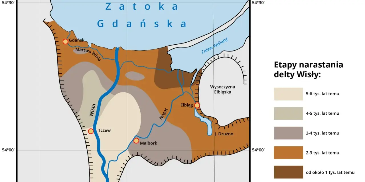 Mapa przedstawia etapy narastania delty Wisły, ukazując rozwój żuław gdańskich na przestrzeni tysięcy lat.