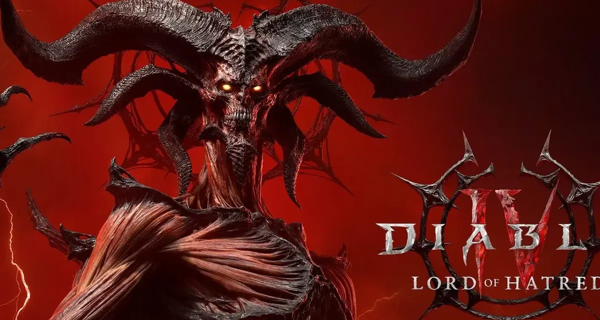 El Señor del Odio de Diablo 4, con cuernos imponentes y ojos llameantes, emerge de un fondo rojo intenso.