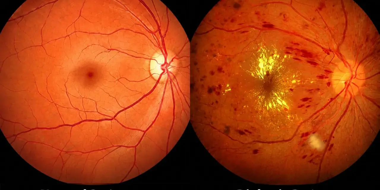 Confronto tra retina normale e retina diabetica con retinopatia diabetica proliferante, evidenziando emorragie e neovascolarizzazione.