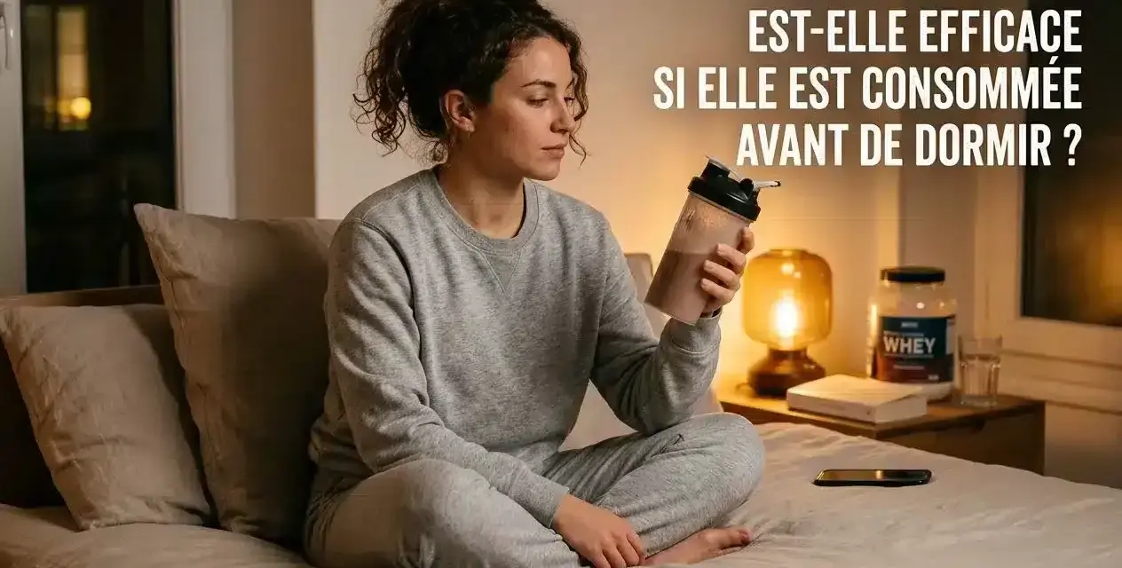 Femme en pyjama gris assise sur un lit, tenant un shaker de protéine. Elle réfléchit à l'efficacité de la protéine avant de dormir.
