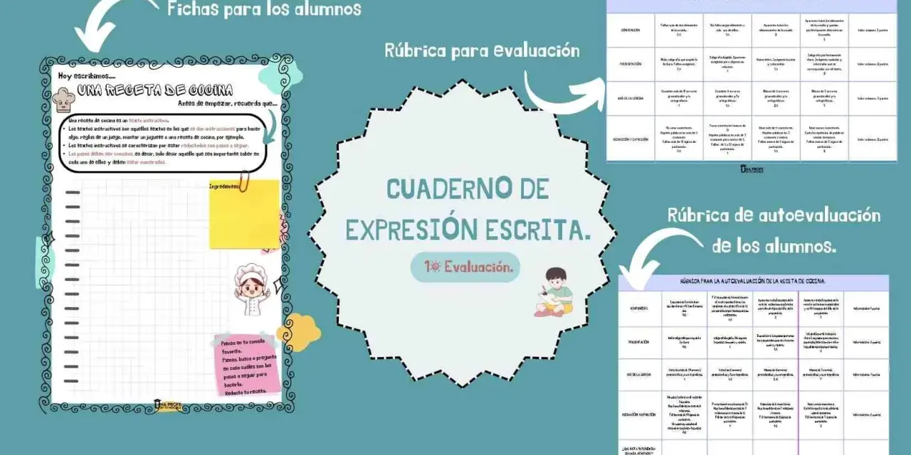 Cuadernillo de expresión escrita para imprimir, con actividades sobre recetas de cocina y rúbricas de evaluación.
