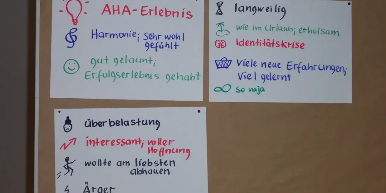 Flipchart mit einem Stimmungsbarometer: AHA-Erlebnis, Harmonie, gut gelaunt, langweilig, Identitätskrise, Überlastung, Ärger.
