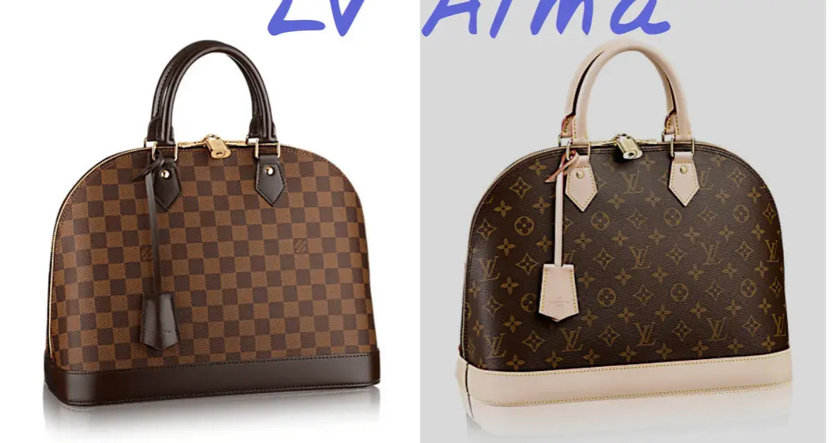 Dwie torebki Louis Vuitton Alma: jedna w kratę Damier Ebene, druga z monogramem.
