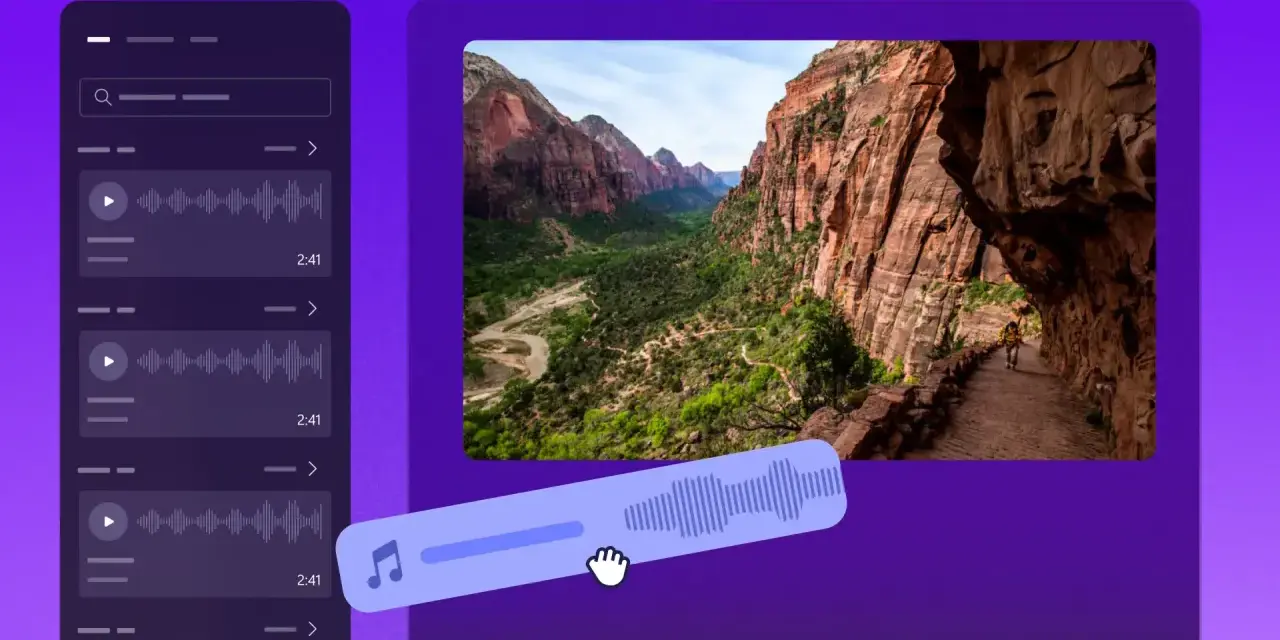 Interfaz de edición de video con paisaje de cañón y lista de audios libres de derechos.