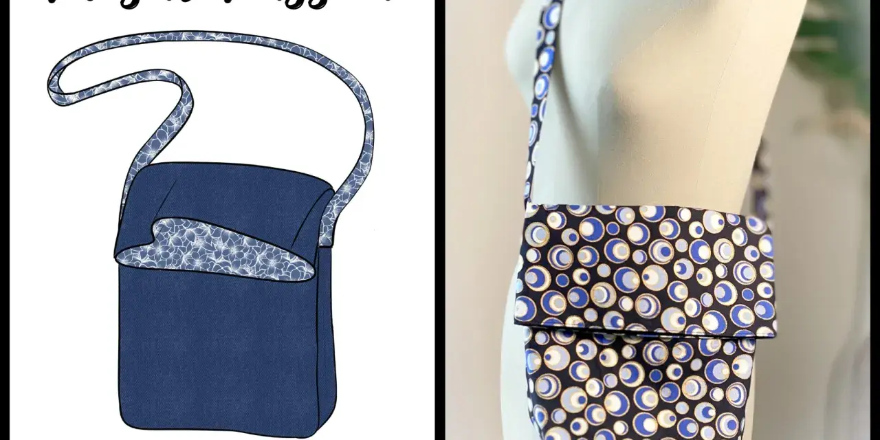 Le sac Lassha, un projet de couture facile. Illustration et photo d'un sac bandoulière bleu avec doublure à fleurs et tissu à pois.