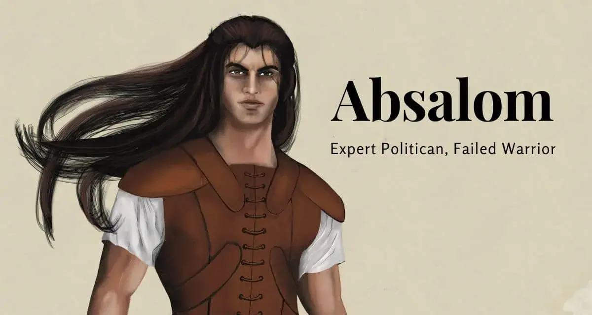 Absalom, trzeci syn króla Dawida, z długimi, rozwianymi włosami i w skórzanej zbroi.