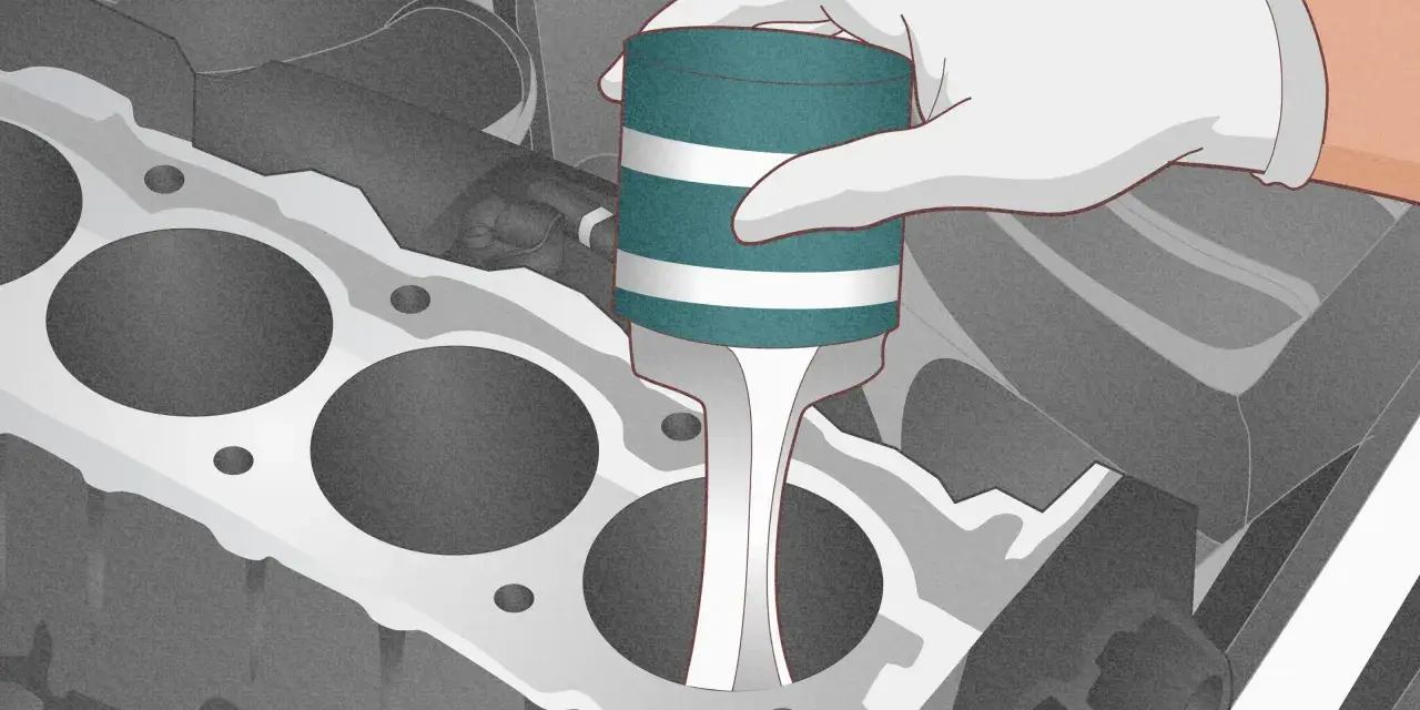A gloved hand inserts a tool into a cylinder bore, possibly to address a p0302 code by checking for piston or cylinder damage.