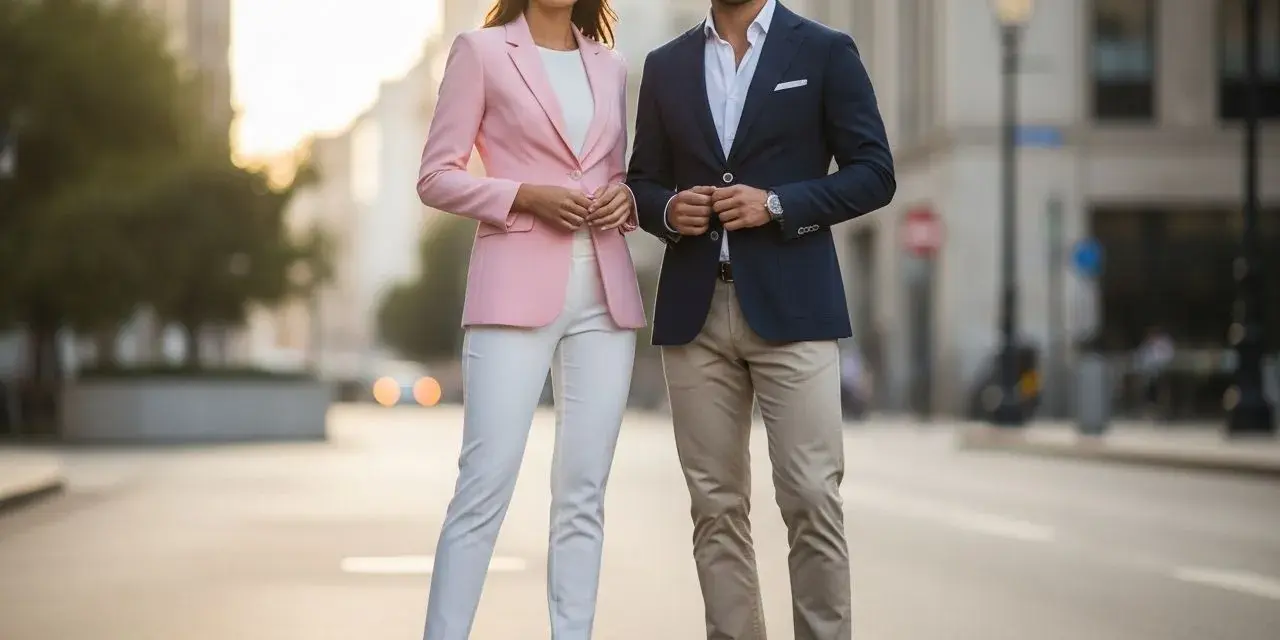 Elegancka para na ulicy. Ona w różowej marynarce i białych spodniach, on w granatowej marynarce i beżowych chinosach. Inspiracja, jak ubierać się z klasą.
