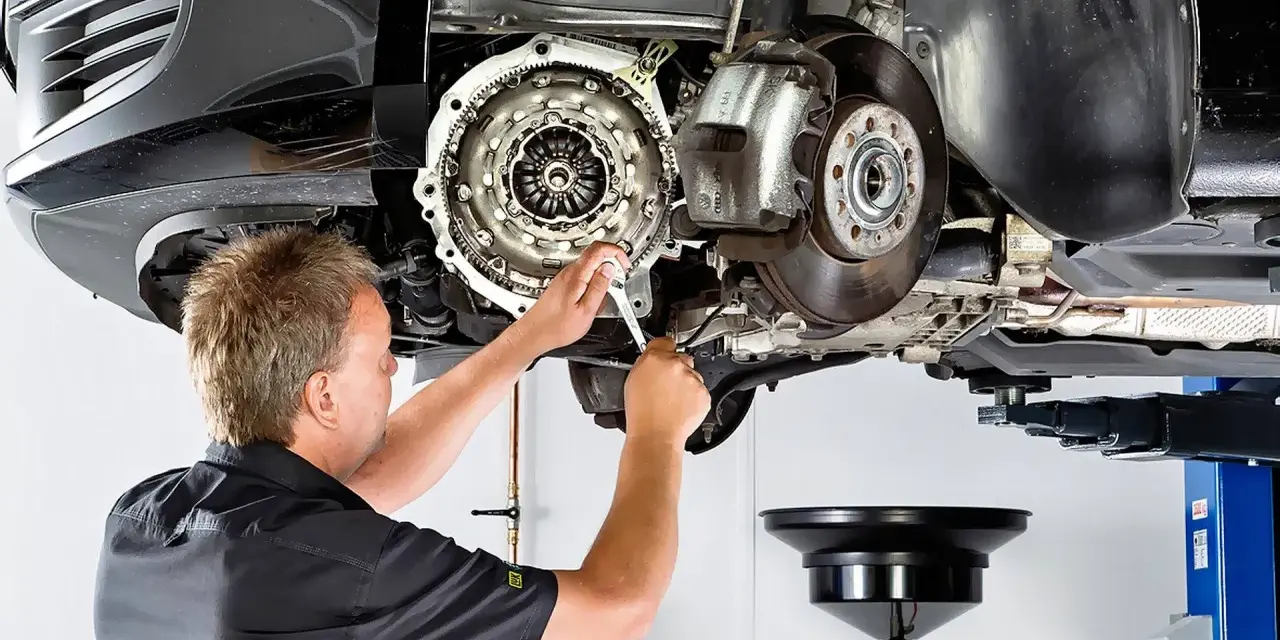 Mechanik pracuje przy skrzyni biegów, gdzie widoczny jest element dwumasy.