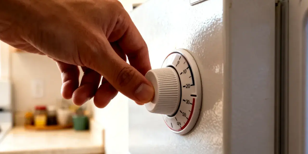 Dłoń kręci pokrętłem termostatu lodówki, ustawiając temperaturę.