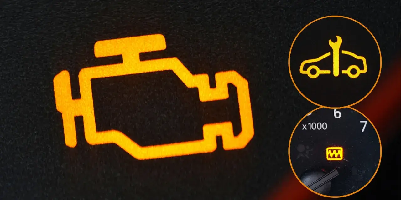 Pomarańczowy symbol check engine świeci się, sugerując problem z silnikiem lub słabe paliwo. Obok kontrolka serwisu i kontrolka ciśnienia w oponach.