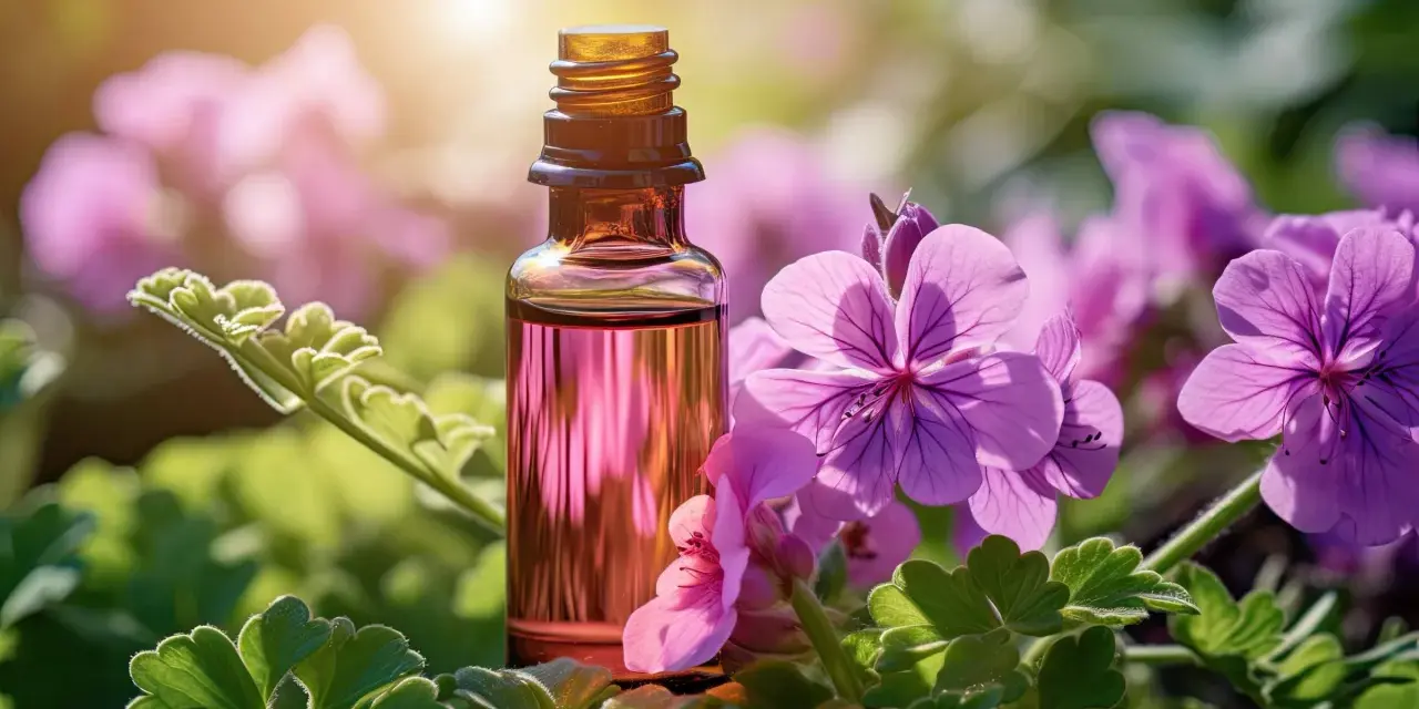 A small amber bottle of pink geranium essential oil sits amongst vibrant pink geranium flowers and green leaves, hinting at its spiritual benefits.
