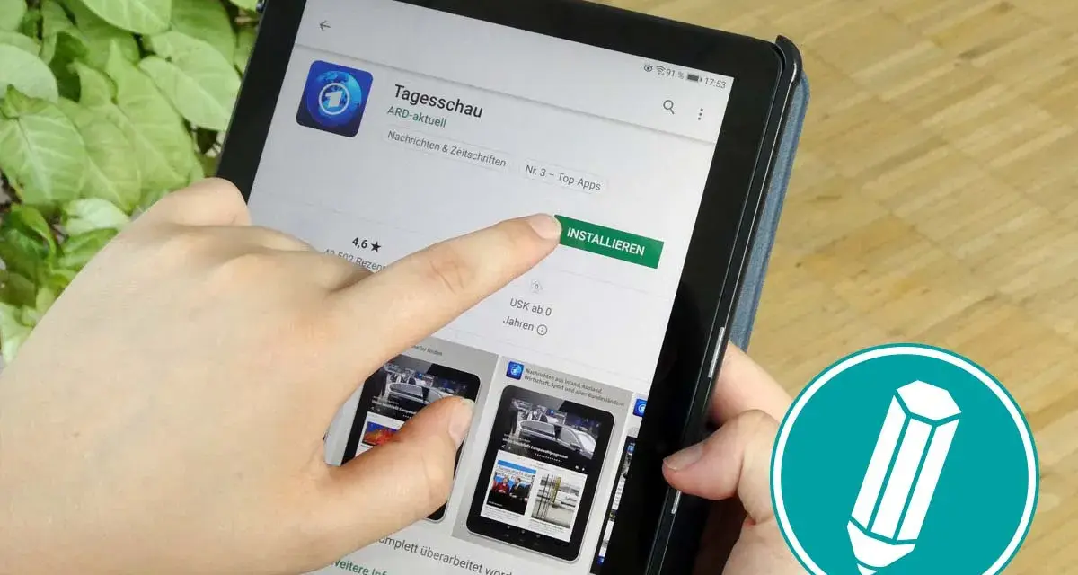 Finger tippt auf "Installieren"-Button einer App auf einem Tablet.