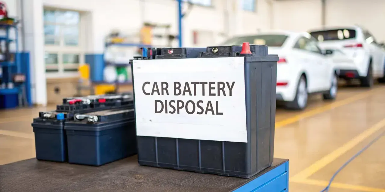Car battery disposal bin in a garage, ready for responsible car battery recycling.