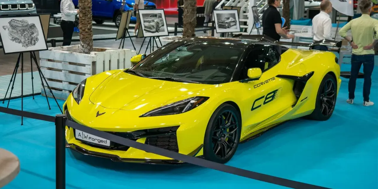 Jaskrawożółty Chevrolet Corvette C8 z czarnym dachem i felgami, prezentowany na niebieskiej podłodze wystawowej.