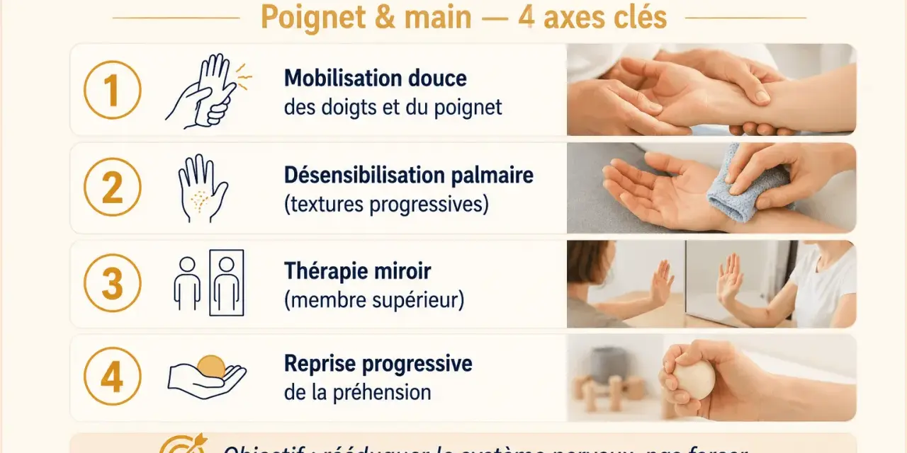 Rééducation du poignet et de la main pour l'algodystrophie : mobilisation, désensibilisation, thérapie miroir, reprise de préhension. Objectif : rééduquer le système nerveux.