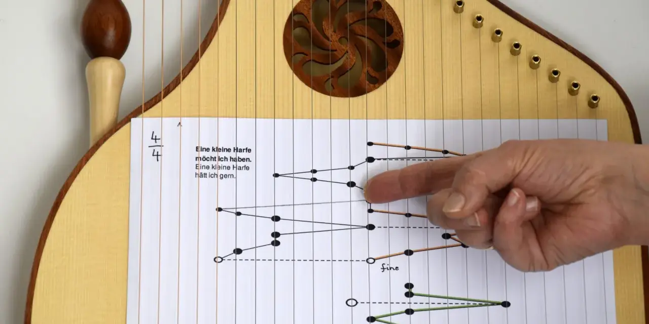 Eine kleine Harfe mit Notenblatt. Ein Finger zeigt auf die Noten, die zu dem Lied "Eine kleine Harfe" gehören.