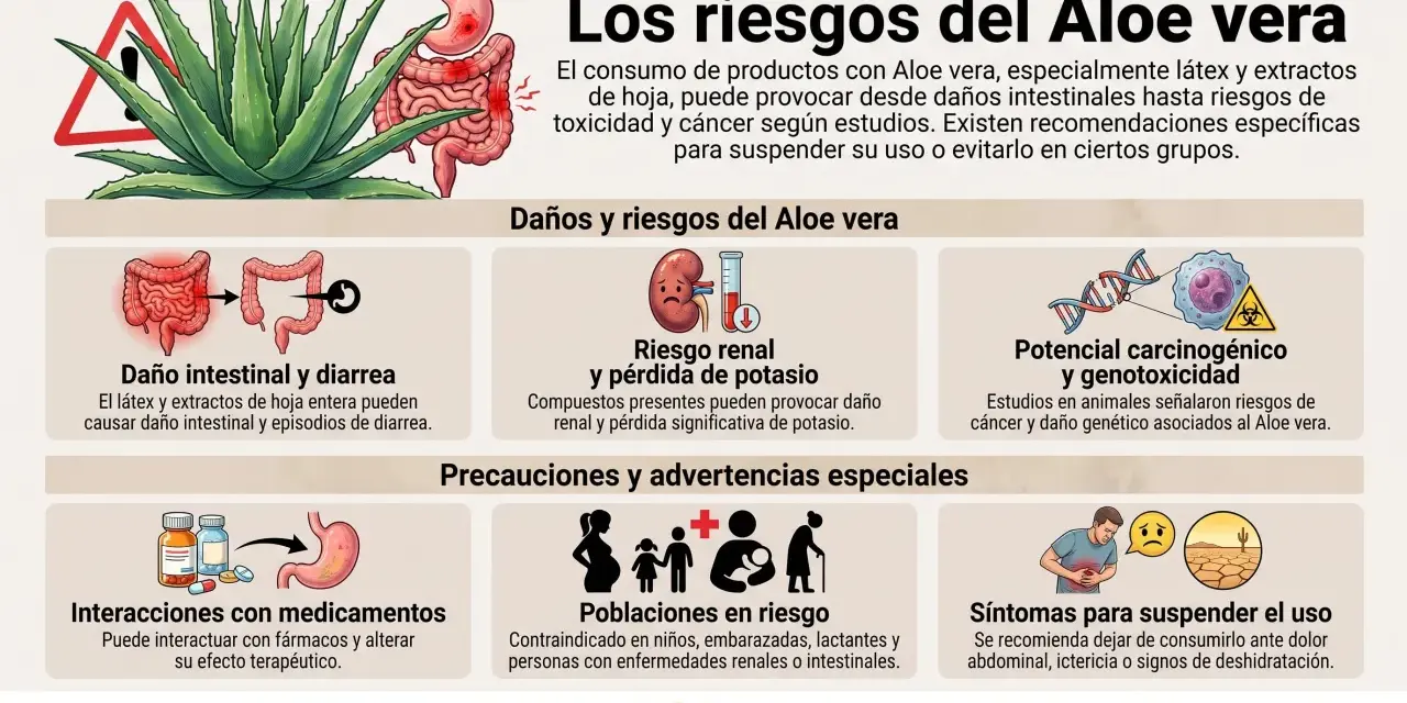 Infografía sobre los riesgos del Aloe vera, incluyendo contraindicaciones del aloe vera en la piel, daño intestinal, riesgo renal y potencial carcinogénico.