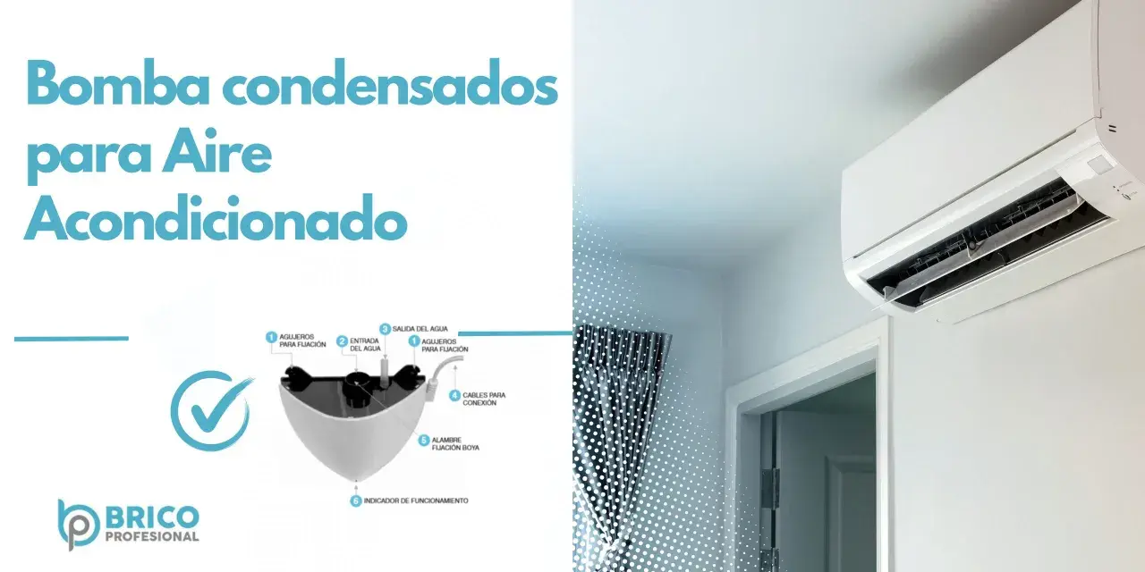 Bomba condensados para aire acondicionado, con diagrama de sus partes: entrada, salida de agua, fijación y conexión.