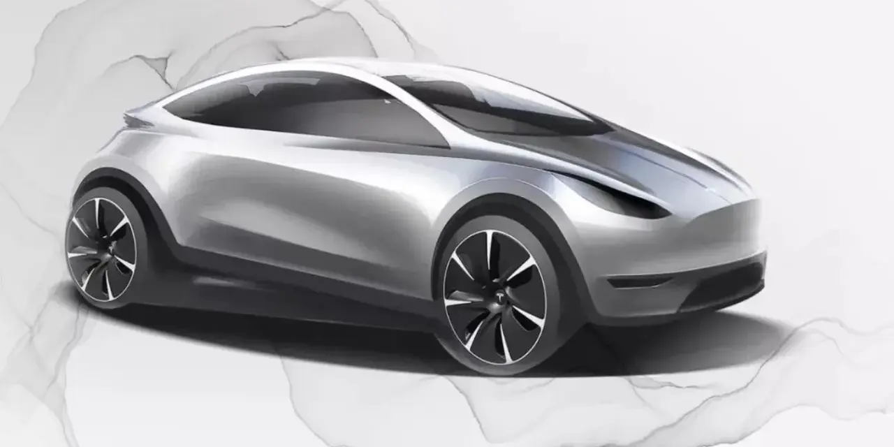 Szkic srebrnego samochodu elektrycznego Tesla z nowoczesnym designem na tle abstrakcyjnych kształtów.