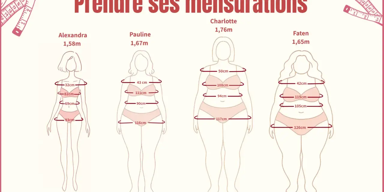 Guide pour comment mesurer un vêtement à plat : silhouettes féminines avec mesures indiquées pour différentes tailles.