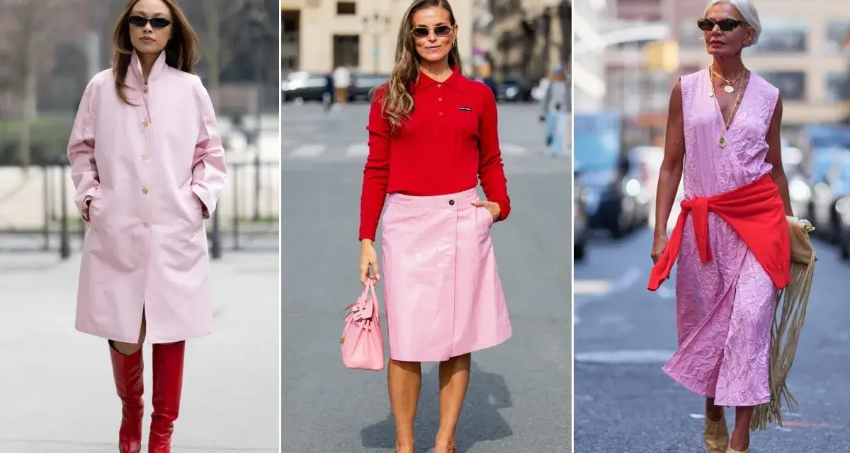 Tre donne sfoggiano un outfit rosa e rosso: cappotto rosa con stivali rossi, maglia rossa con gonna rosa, e abito rosa con maglia rossa legata in vita.