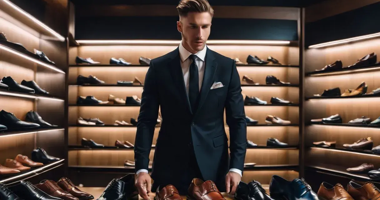 Elegancki mężczyzna w czarnym garniturze wybiera buty. Zastanawiasz się, jakie buty do czarnego garnituru będą najlepsze? Oto inspiracja.