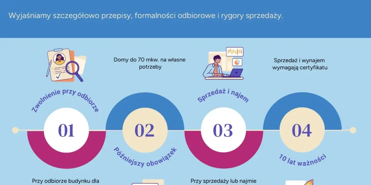 Infografika wyjaśnia, kiedy dom do 70 mkw. wymaga świadectwa energetycznego. Omówiono zwolnienia przy odbiorze, późniejszy obowiązek oraz wymogi przy sprzedaży i najmie.