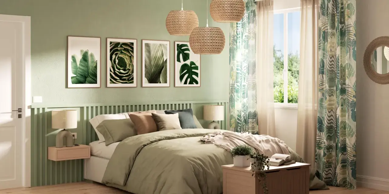 Camera da letto con stampe botaniche, tessuti naturali e luci in rattan. Un'oasi di pace per le tue ispirazioni camera da letto.