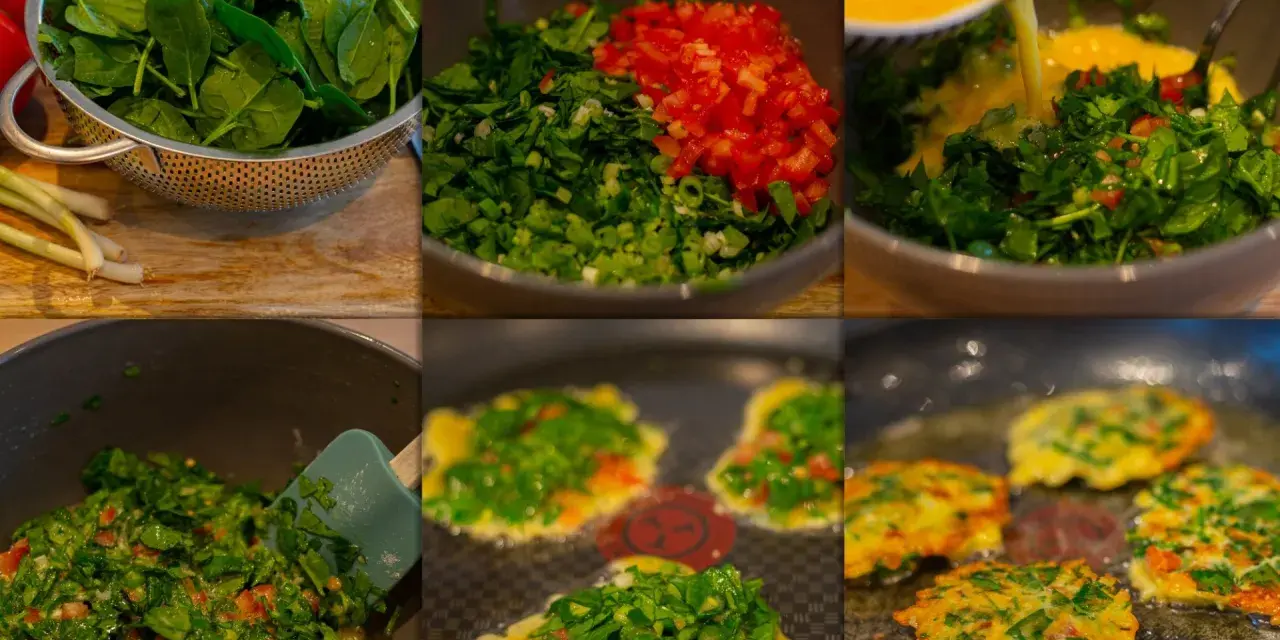 Förberedelse av torrejas salvadoreñas: färsk spenat, hackad tomat, salladslök och ägg blandas och steks gyllene i panna.