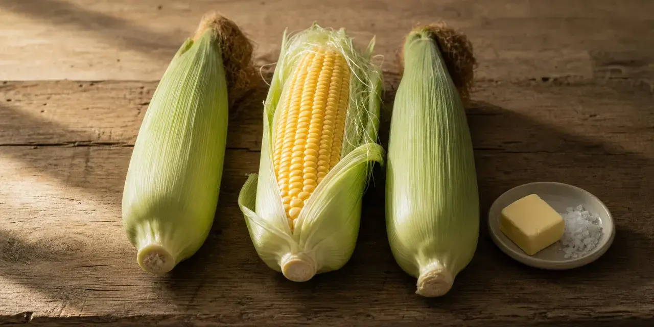 Drei Maiskolben liegen auf Holz. Einer ist geschält und zeigt die gelben Körner. Daneben eine kleine Schale mit Butter und Salz – bereit, um Mais zu kochen.