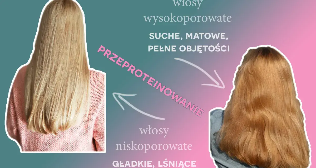 Przed i po: włosy wysokoporowate, suche, matowe, pełne objętości, a po przeproteinowaniu stają się niskoporowate, gładkie i lśniące.
