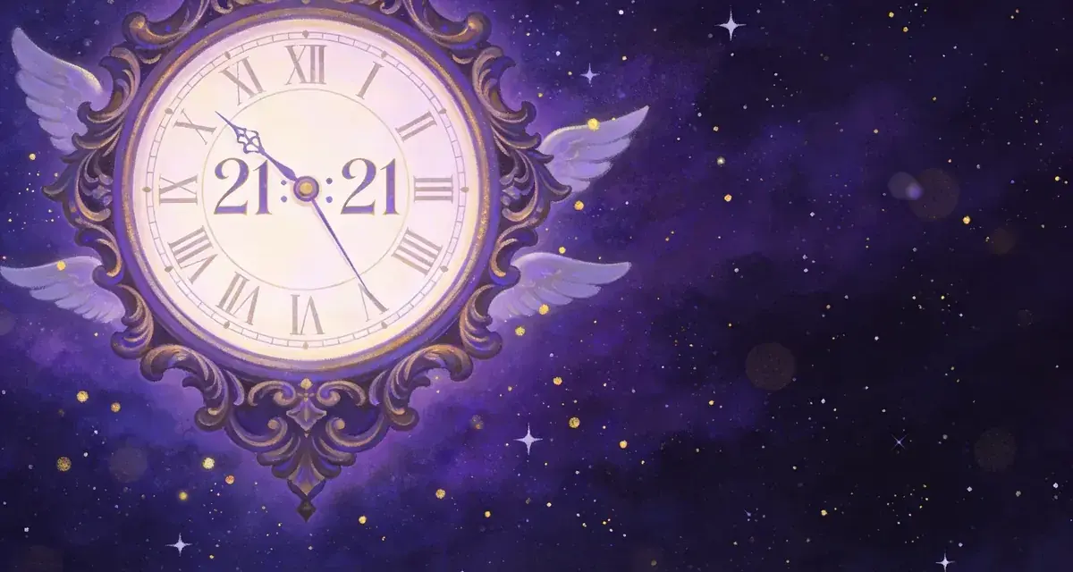 Zegar z anielskimi skrzydłami wskazuje 21:21. To magiczne 21 21 znaczenie, czas pełen tajemnic i możliwości, na tle gwieździstego nieba.