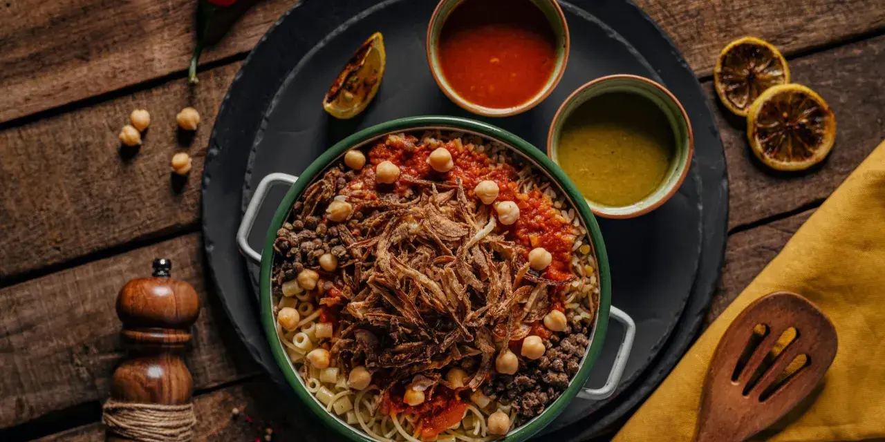 Kushari, narodowe danie kuchni egipskiej, z makaronem, ryżem, soczewicą, ciecierzycą, sosem pomidorowym i chrupiącą cebulką.