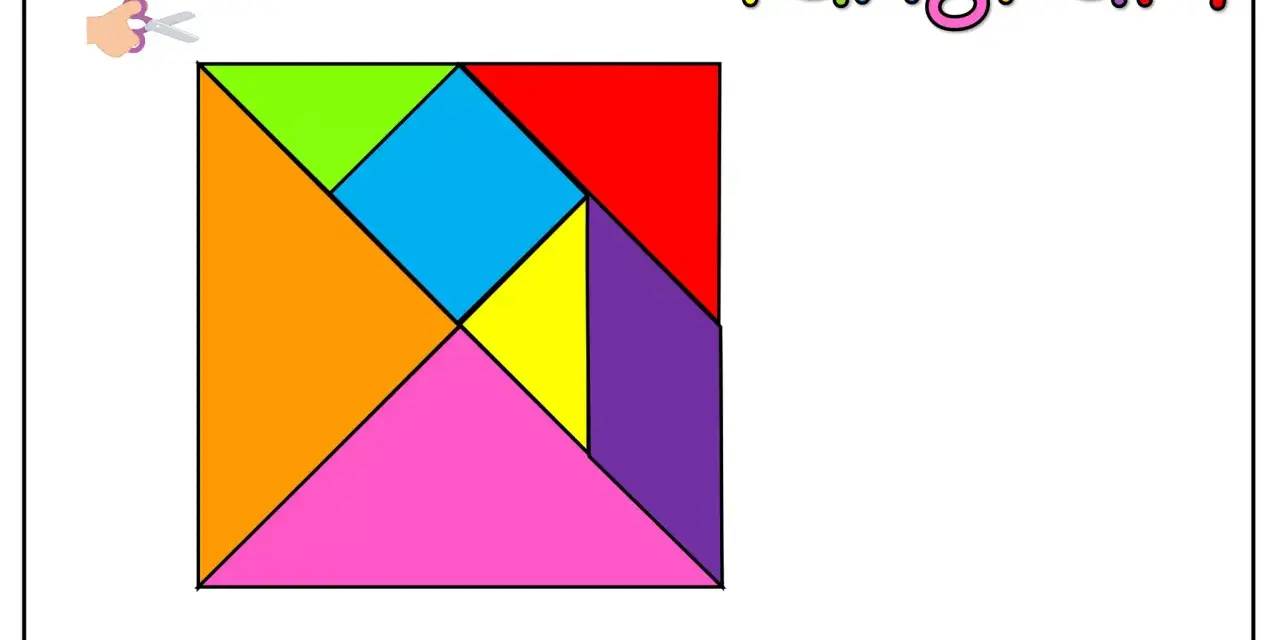 Un tangram de colores con formas geométricas para crear figuras tangram fáciles. ¡A recortar y jugar!