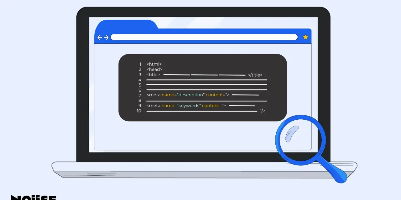 Code HTML sur un écran d'ordinateur, montrant la balise title WordPress et les balises meta pour le SEO. Une loupe examine le code.