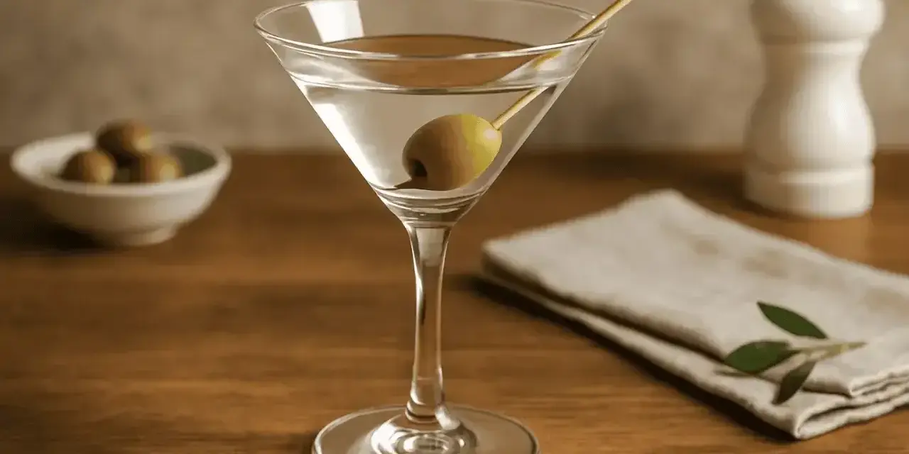 Klasyczny dry martini przepis: schłodzony gin, odrobina wytrawnego wermutu i oliwka. Idealny drink na każdą okazję.