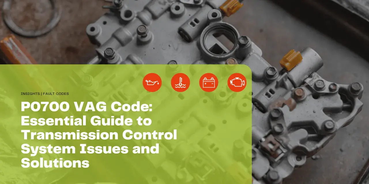 Guide to P0700 VAG code, covering transmission control system issues and solutions. Features icons for oil, temperature, battery, and engine.