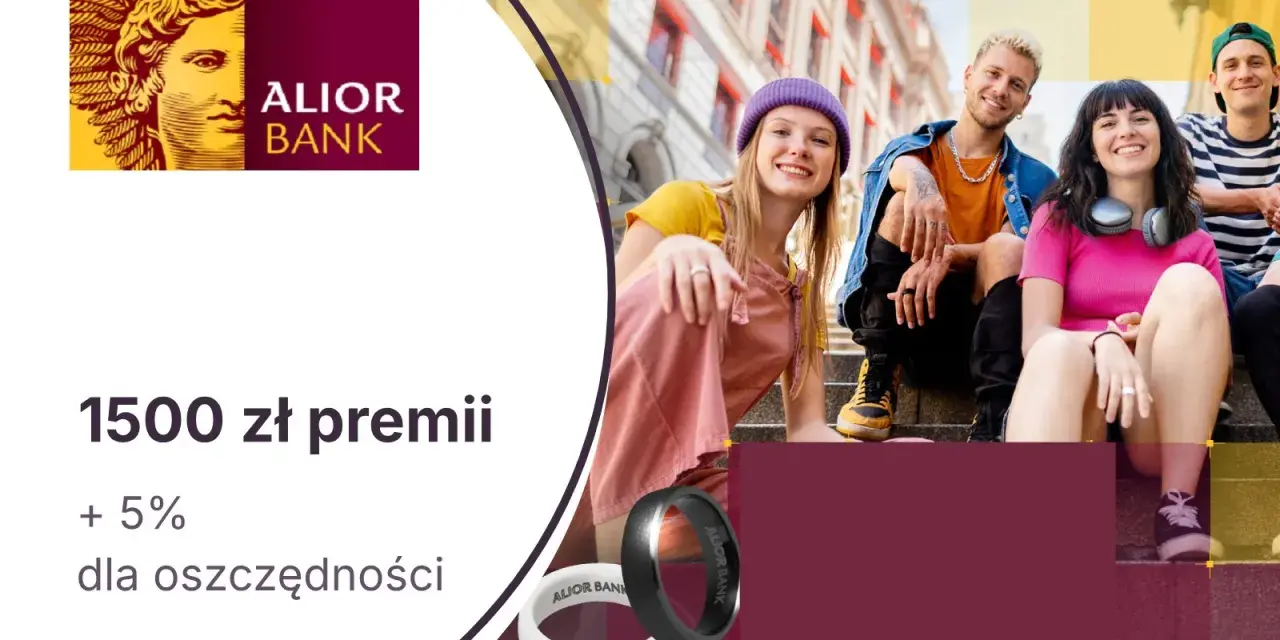 Alior Bank promocja za założenie konta: 1500 zł premii i 5% dla oszczędności. Uśmiechnięci młodzi ludzie siedzą na schodach.
